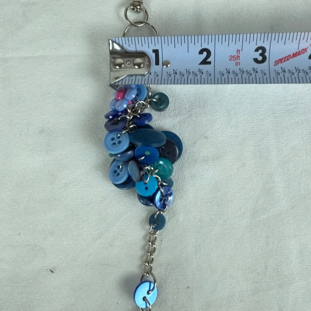Blue Button Bag Charm‎ Keychain Handmade Cluster Flower Accessory Silver Tone